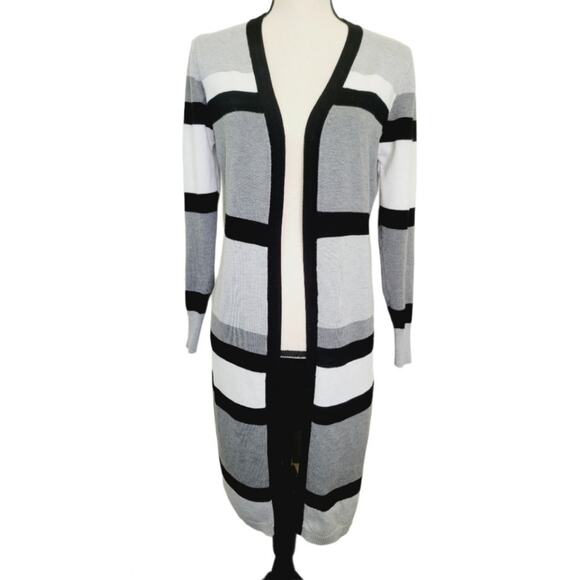 Women's Striped Long Open Cardigan - Black White Gray Size Small Sweater - Picture 11 of 11
